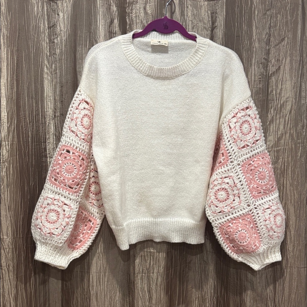 White and Pink Crochet Sleeve Sweater by Urban-Daizy NWOT